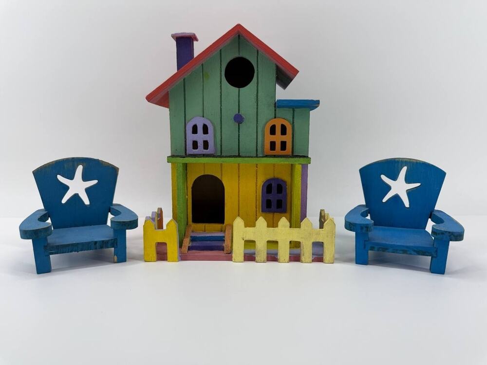 Wood Beach House Birdhouse Adirondack Chair Starfish Coastal Decor Set of 3